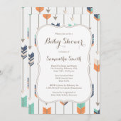 トライバルアローズ赤ちゃんシャワーネイビーオレンジティール（緑がかった色） 招待状 (正面/裏面)