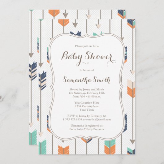 トライバルアローズ赤ちゃんシャワーネイビーオレンジティール（緑がかった色） 招待状 (正面/裏面)