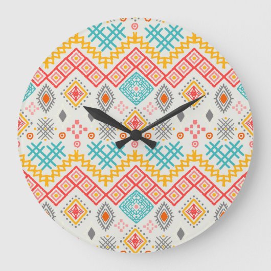 トライバルアート：ボホ幾何学プリント。 ラージ壁時計 (正面)