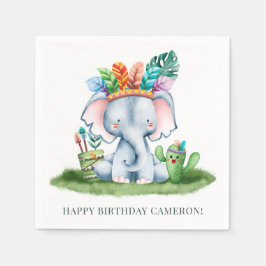 トライバルウォーターカラーエレファントサファリハッピーバースデー スタンダードカクテルナプキン