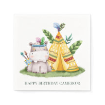 トライバルウォーターカラーヒッポサファリハッピーバースデー