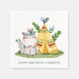 トライバルウォーターカラーヒッポサファリハッピーバースデー スタンダードカクテルナプキン