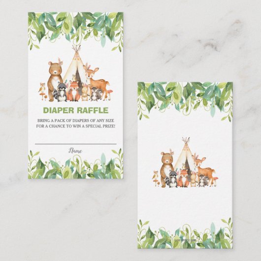 トライバルウッドランド動物緑おむつラッフル エンクロージャーカード (正面/裏面)