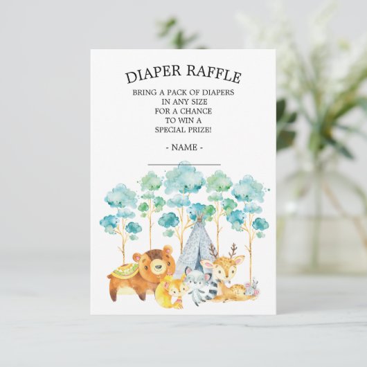 トライバルウッドランド動物赤ちゃんシャワーおむつラッフル エンクロージャーカード (スタンド正面)