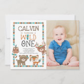 トライバルウッドランド、ワイルドワン、1歳の誕生日 招待状 (正面)