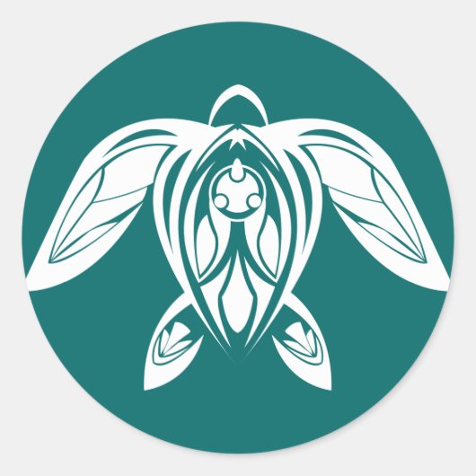 トライバルウミガメ白ステッカー ラウンドシール (正面)