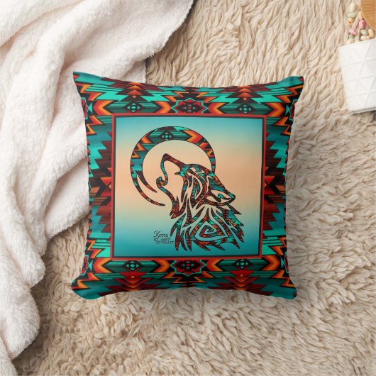 トライバルウルフハウリングアットザムーン装飾用クッション クッション (ブランケット)
