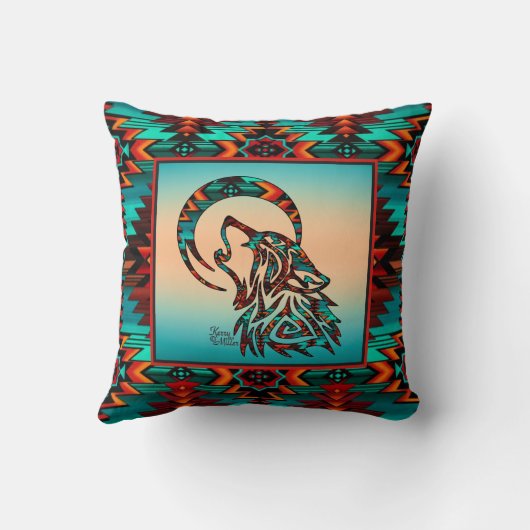 トライバルウルフハウリングアットザムーン装飾用クッション クッション (裏面)