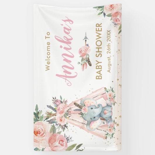 トライバルエレファントピンクフローラベビーシャワー背景  横断幕 (縦)