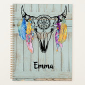 トライバルオックススカル水彩ビーズ羽毛 プランナー手帳 (正面)