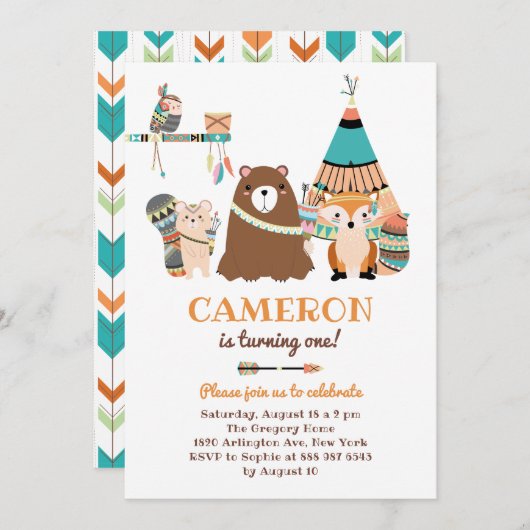 トライバルカラフルウッドランドフレンズ誕生日パーティー 招待状 (正面/裏面)