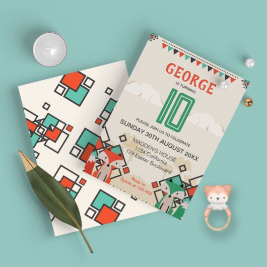 トライバルキツネカラフル、ジオメトリックシェイプ誕生日 招待状