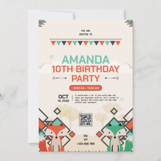 トライバルキツネ10番目の誕生日招待状 招待状 (正面)