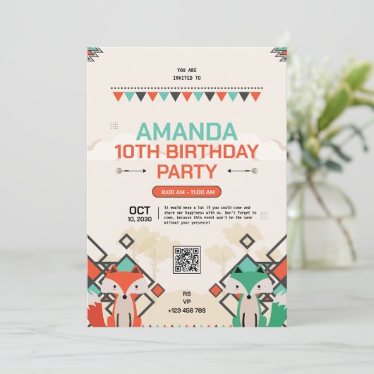 トライバルキツネ10番目の誕生日招待状 招待状 (スタンド正面)