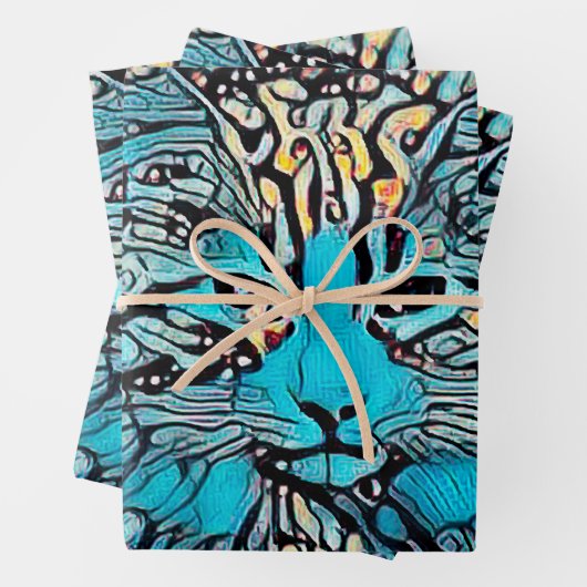 トライバルキャットブルーイエローモザイク抽象芸術デコパージュ ラッピングペーパーシート (インサイチュ)