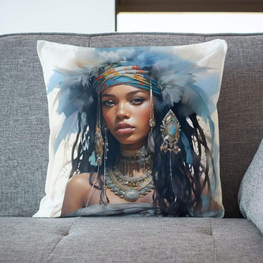 トライバルクイーンウォーターカラーポートレート クッション