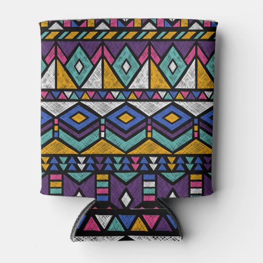 トライバルジオメトアステカリ：カラフルヴィンテージパターン 缶クーラー (正面)