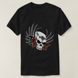 トライバルスカルとバラ Tシャツ