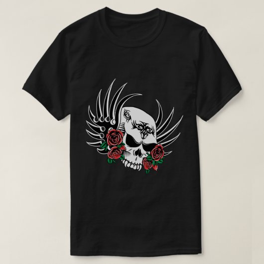 トライバルスカルとバラ Tシャツ (デザイン正面)