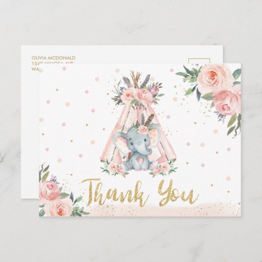 トライバルゾウ誕生日ベビーシャワーありがとう ポストカード (正面/裏面)