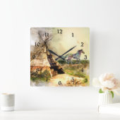 トライバルティピとインディアンポニーボホーホーステエペ スクエア壁時計 (ホーム)