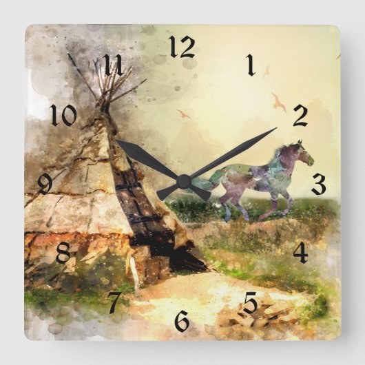 トライバルティピとインディアンポニーボホーホーステエペ スクエア壁時計 (正面)