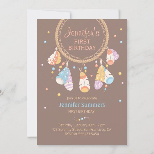 トライバルドリームキャッチャーボホベビー第1誕生日 招待状 (正面)