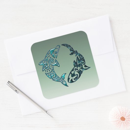 トライバルドルフィンとサメの刺青 スクエアシール (封筒)