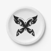 トライバルバタフライタトゥーブラックイはっきりしたンクスタイル ペーパープレート (正面)