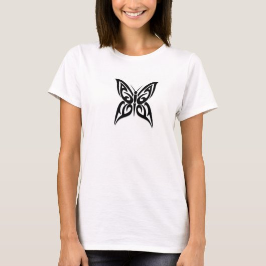 トライバルバタフライ付き女性のTシャツ Tシャツ (正面)