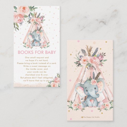トライバルピンクフローラゾウベビー用シャワーブック エンクロージャーカード (正面/裏面)