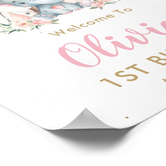 トライバルピンクフローラゾウ1歳の誕生日へようこそ ポスター (角)