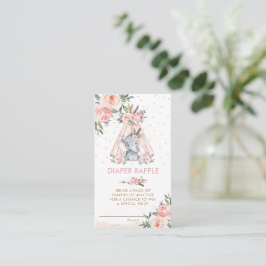 トライバルピンクフローラ象ベビーおむつラッフルエン エンクロージャーカード (スタンド正面)