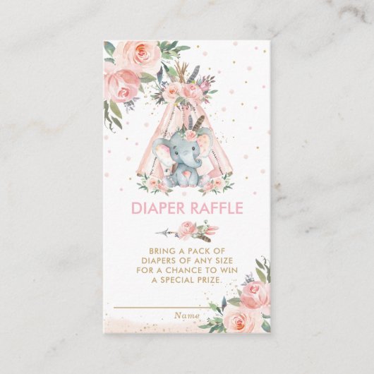 トライバルピンクフローラ象ベビーおむつラッフルエン エンクロージャーカード (正面)