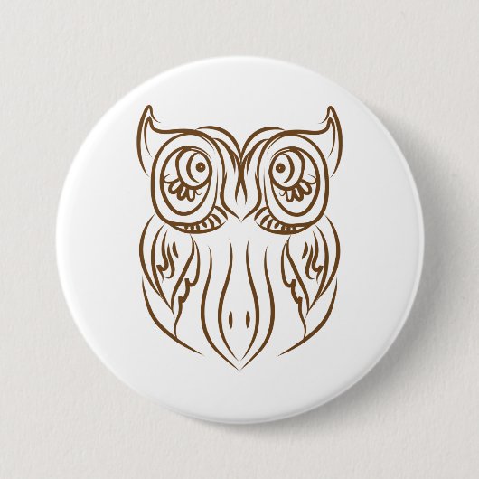 トライバルフクロウラインアートモダンブラウン抽象芸術 缶バッジ (正面)