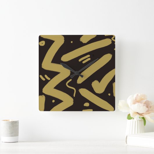トライバルブラックと金ゴールド スクエア壁時計 (ホーム)