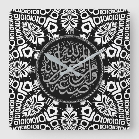 トライバルブラック+ホワイト恵み書道壁 スクエア壁時計 (正面)