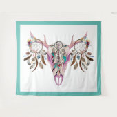 トライバルブルスカル&カラフルフェザーのドリームキャッチャー タペストリー (正面(横))