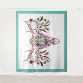 トライバルブルスカル&カラフルフェザーのドリームキャッチャー タペストリー (正面)