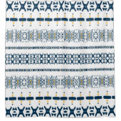 トライバルブルーホワイトマッドクロス   シャワーカーテン (正面)