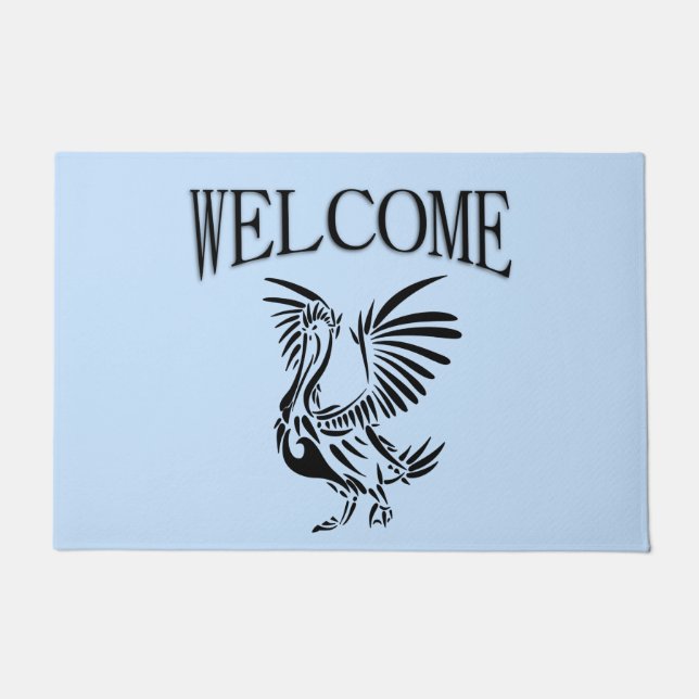 トライバルペリカンアートオンブルー ドアマット (正面)