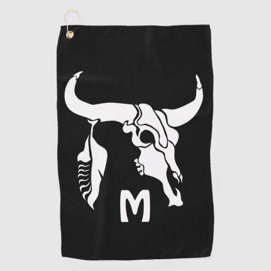 トライバルホワイトロングーンブルブルスカルウィホワイトフェザー ゴルフタオル (正面)