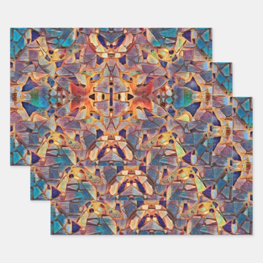 トライバルボホヒッパイパープルイエローブルー ラッピングペーパーシート (セット)