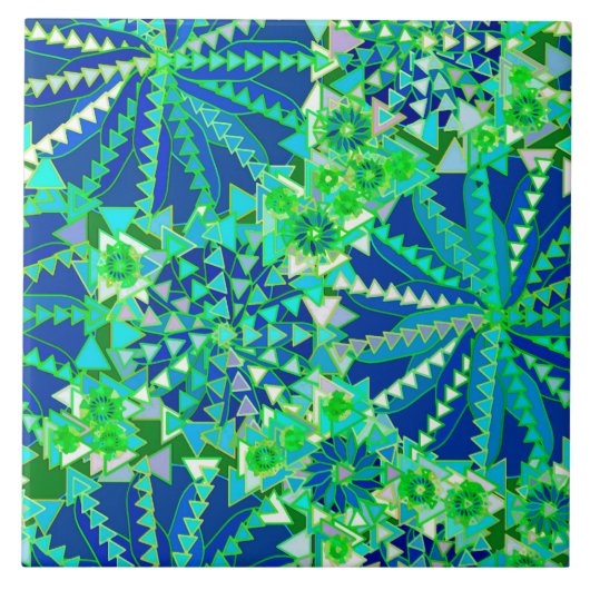 トライバルマンダラプリント、コバルトブルーとグリーン タイル (正面)