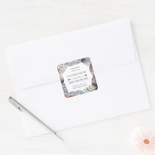 トライバルモダンフェザーズボヘミアン結婚式の引き出物 スクエアシール (封筒)