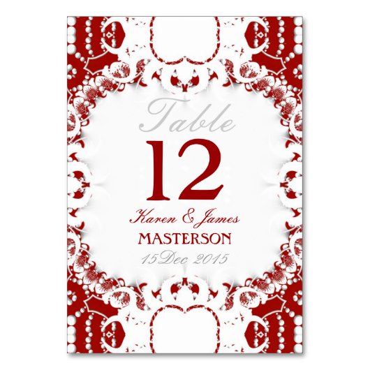 トライバルレッド結婚ホワイトレースのテーブル番号カード テーブルナンバー (正面)