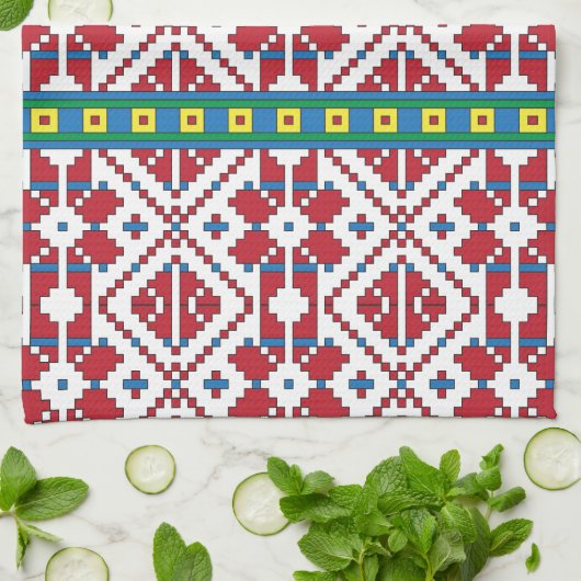 トライバルレッド、ブルー、およびホワイトスターの幾何学的パターン キッチンタオル (折り畳み)