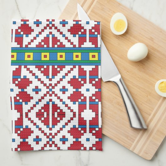 トライバルレッド、ブルー、およびホワイトスターの幾何学的パターン キッチンタオル (四つ折り)