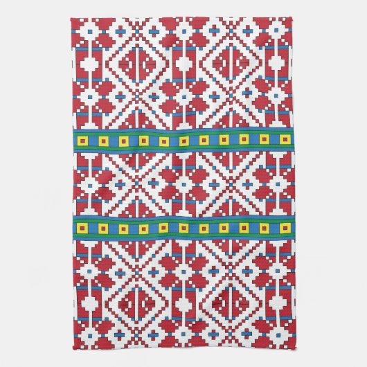 トライバルレッド、ブルー、およびホワイトスターの幾何学的パターン キッチンタオル (縦)