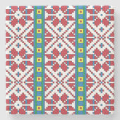 トライバルレッド、ブルー、およびホワイトスターの幾何学的パターン ストーンコースター (正面)